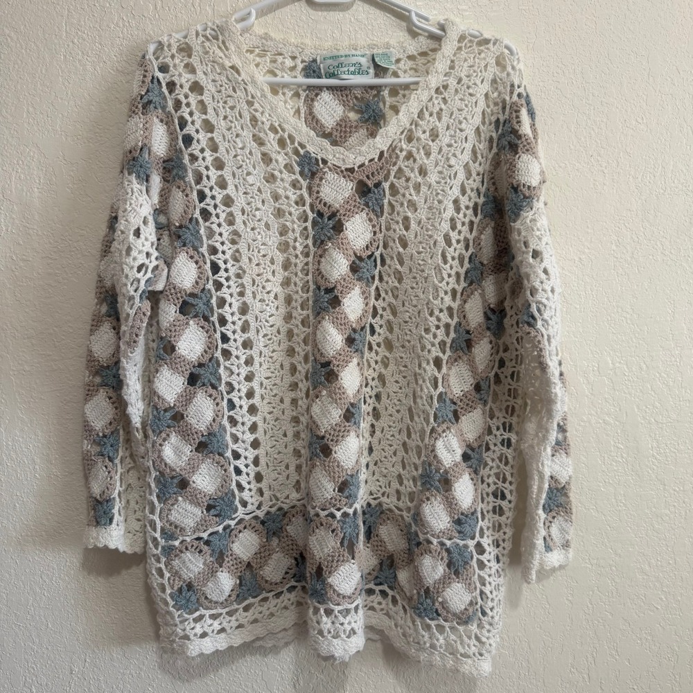 Colleen's Collectables Crochet Sweater Hand Knitted Ramie Cotton‎ Boho Cream L